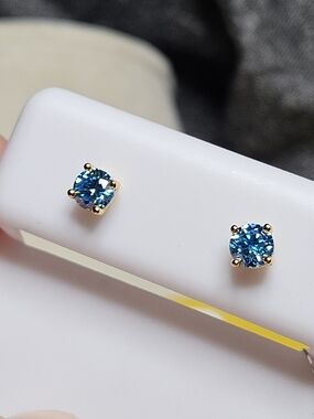 Blue Moissanite Sterling Silver Round Stud Earrings in Gold-GRA Certified-NWT